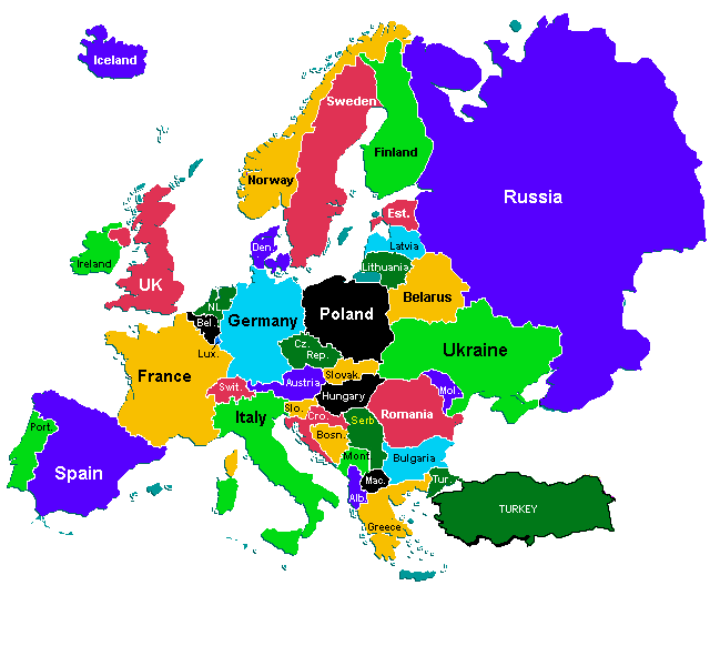 Europe map showing countries by varying colors