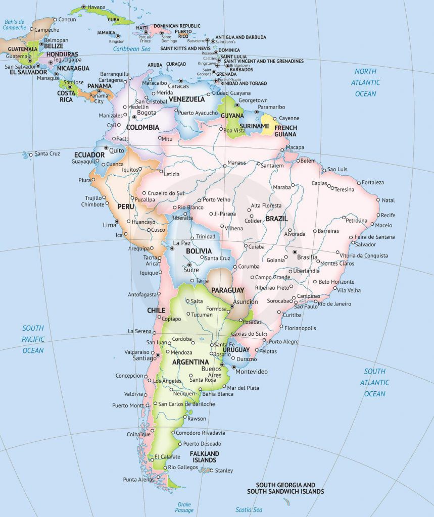 South America countries delineated by pastel colors, includes capitals and major cities and rivers