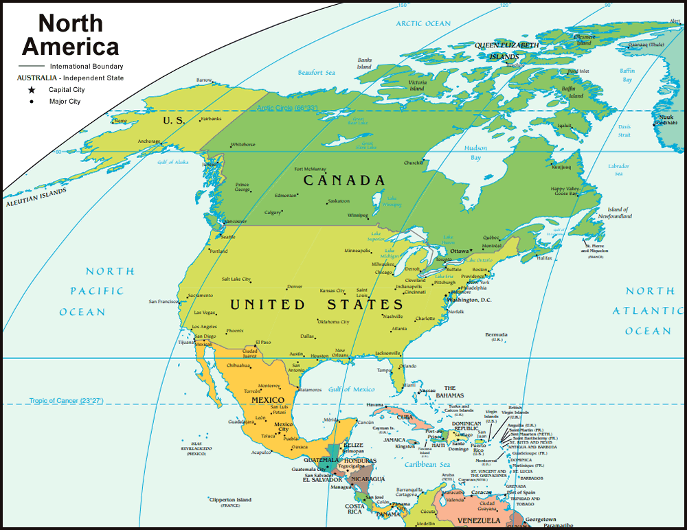 North America map includes some major cities
